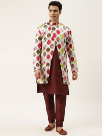 SOJANYA Men Black Solid Kurta with Churidar & Printed Jacket