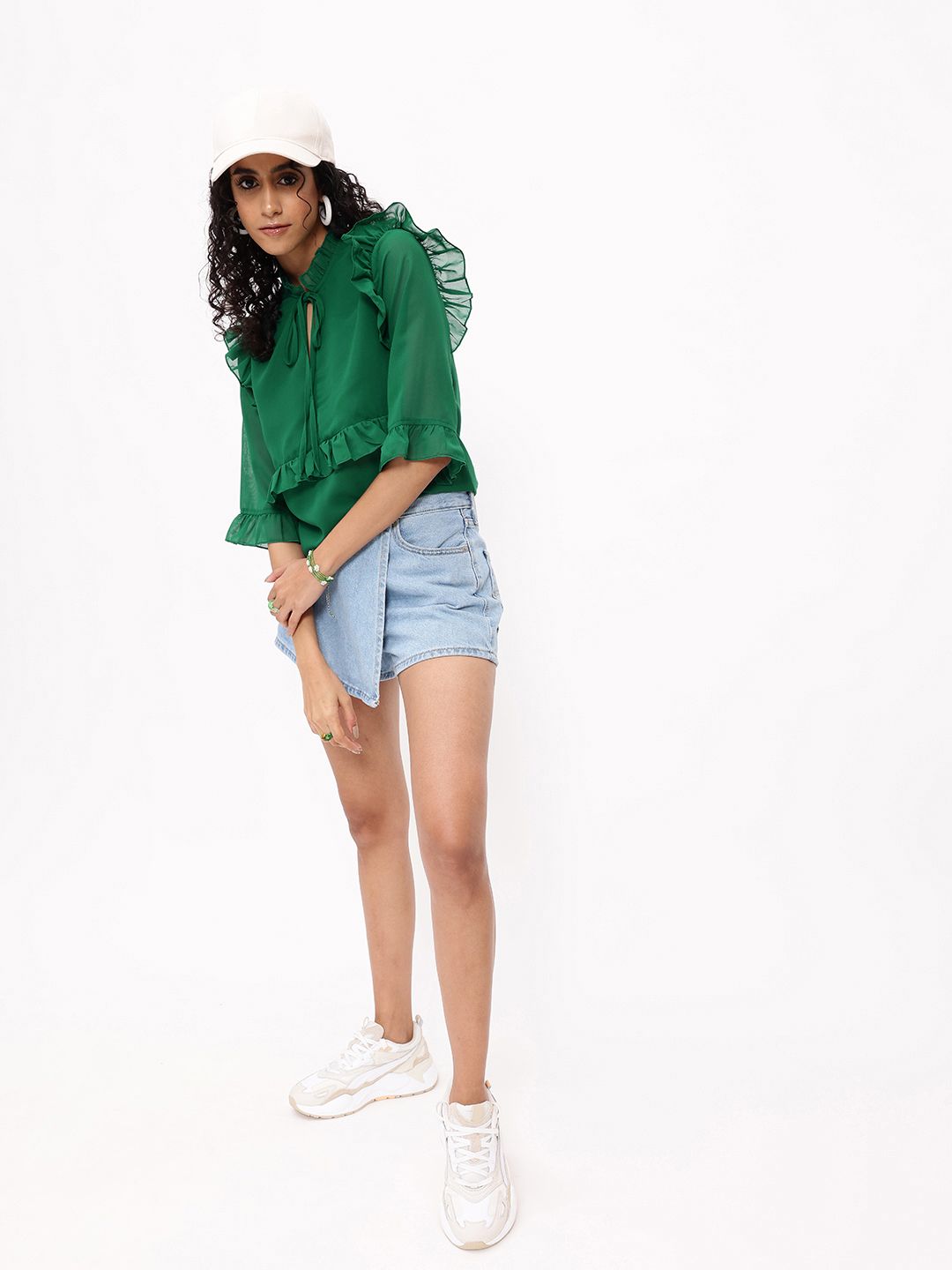 DressBerry Flirty Ruffles Touch Tie-Up Neck Bell Sleeves Top