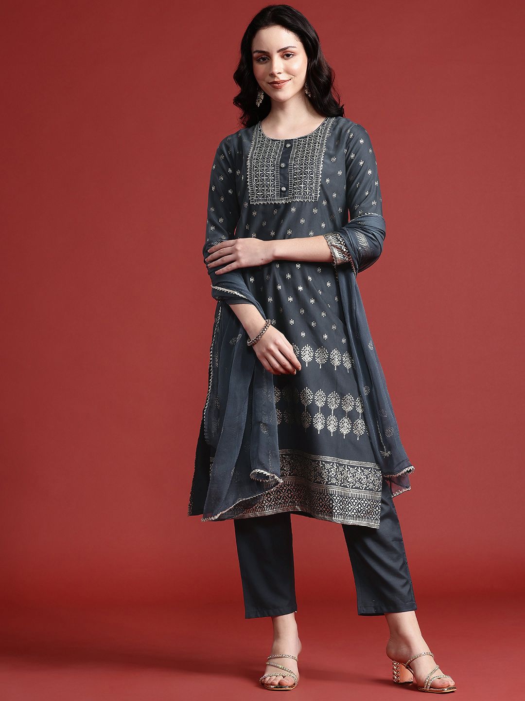 Anouk Printed Gotta Patti Kurta with Trousers & With Dupatta
