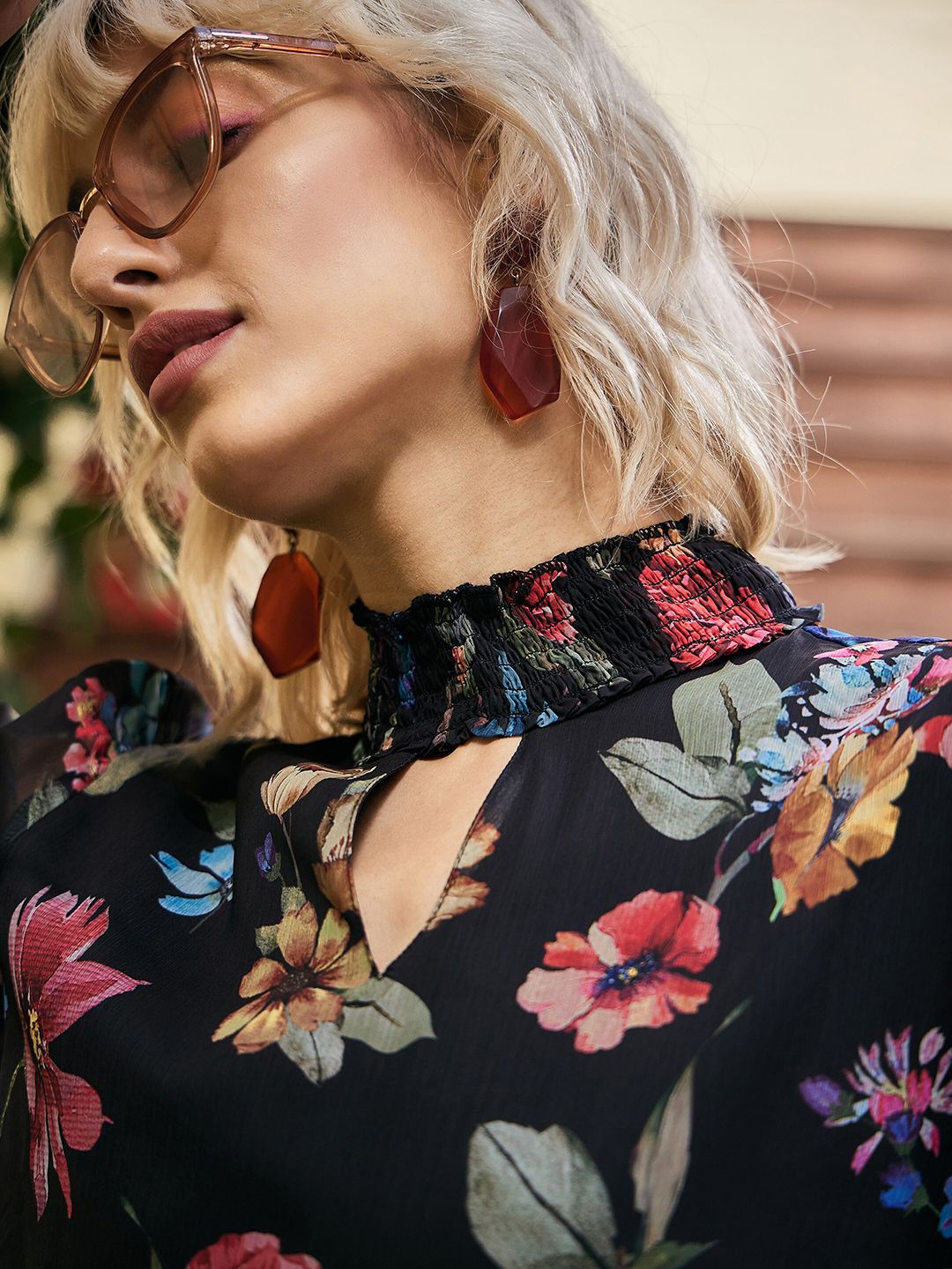 SASSAFRAS High Neck Floral Printed Smocked Tiered Chiffon A-Line Dress
