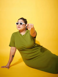 SASSAFRAS Curve Plus Size Round Neck Cotton Sheath Midi Dress