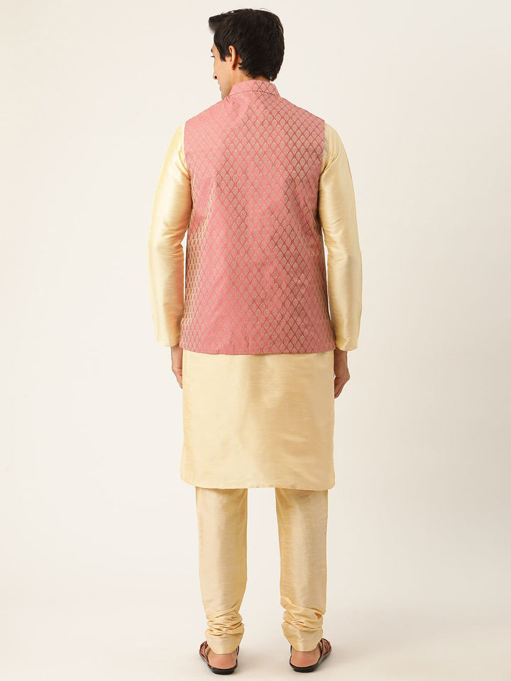 SOJANYA Men Cream-Coloured Solid Kurta with Churidar & Nehru Jacket