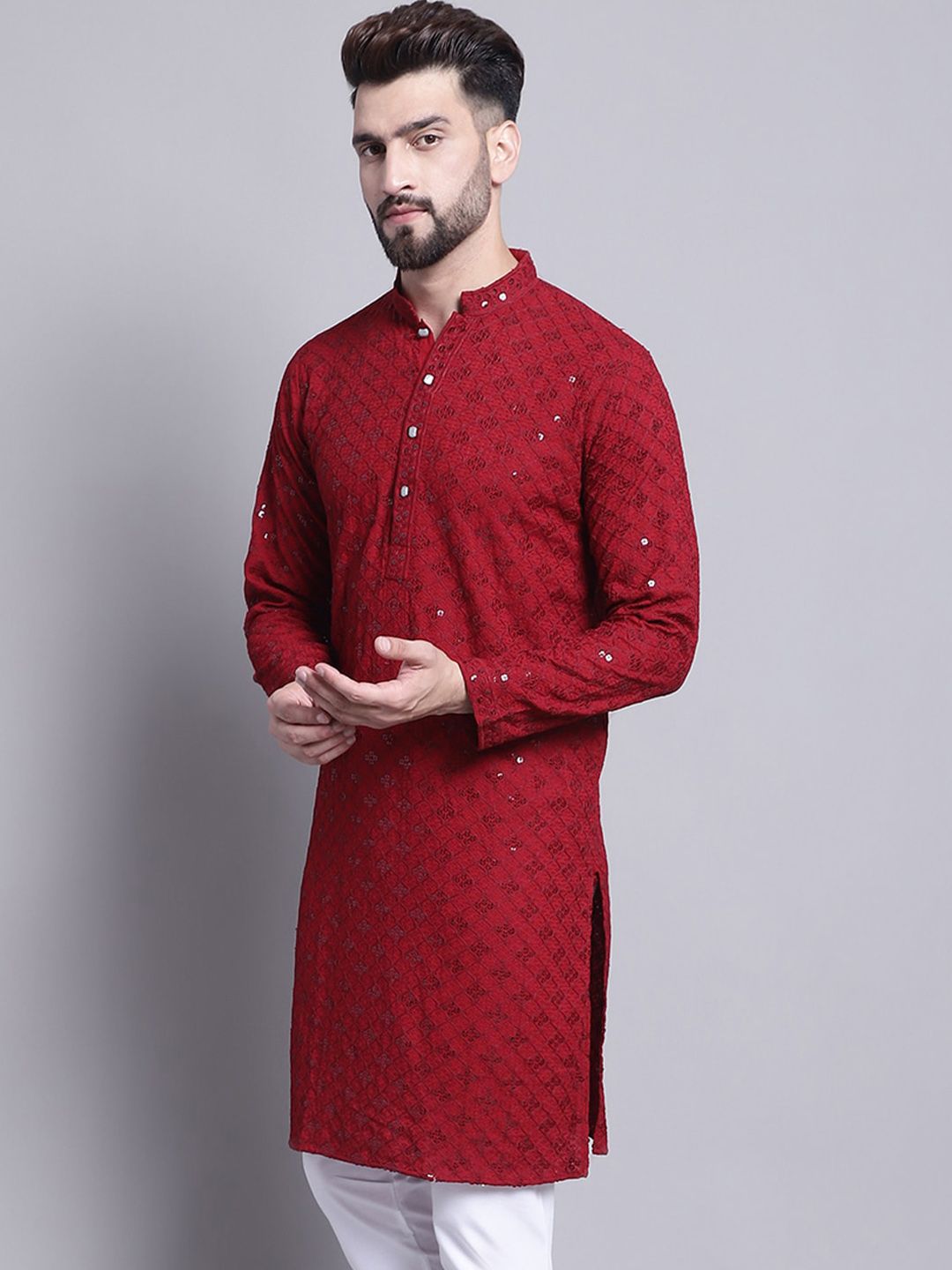 SOJANYA Geometric Embroidered Sequence Mandarin Collar Pure Cotton Kurta