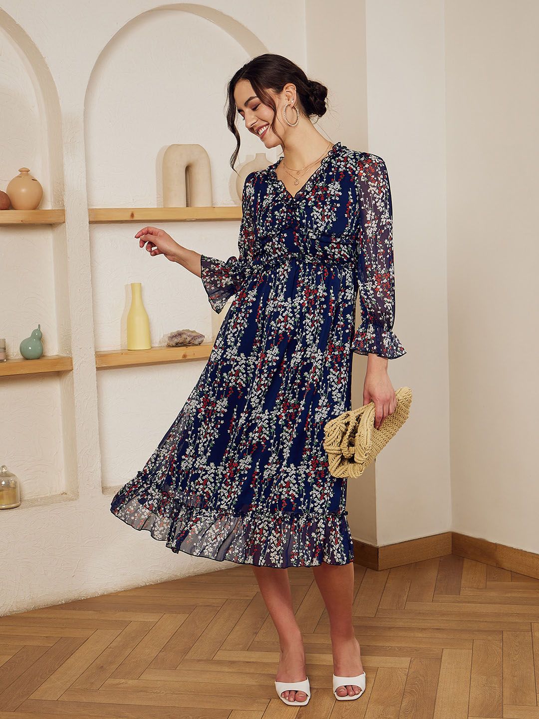 Berrylush Navy Blue Floral Printed Ruffled Chiffon A-Line Dress