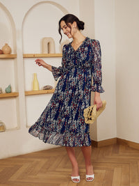 Berrylush Navy Blue Floral Printed Ruffled Chiffon A-Line Dress