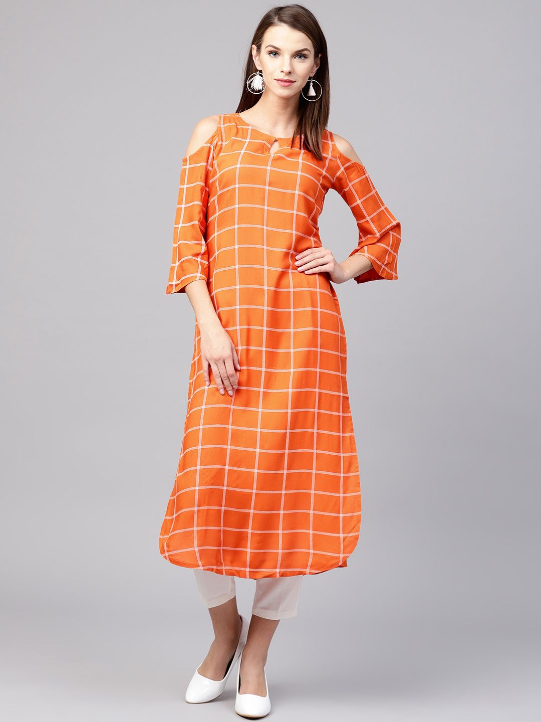 Gerua By Libas Women Orange  White Checked Straight Kurta