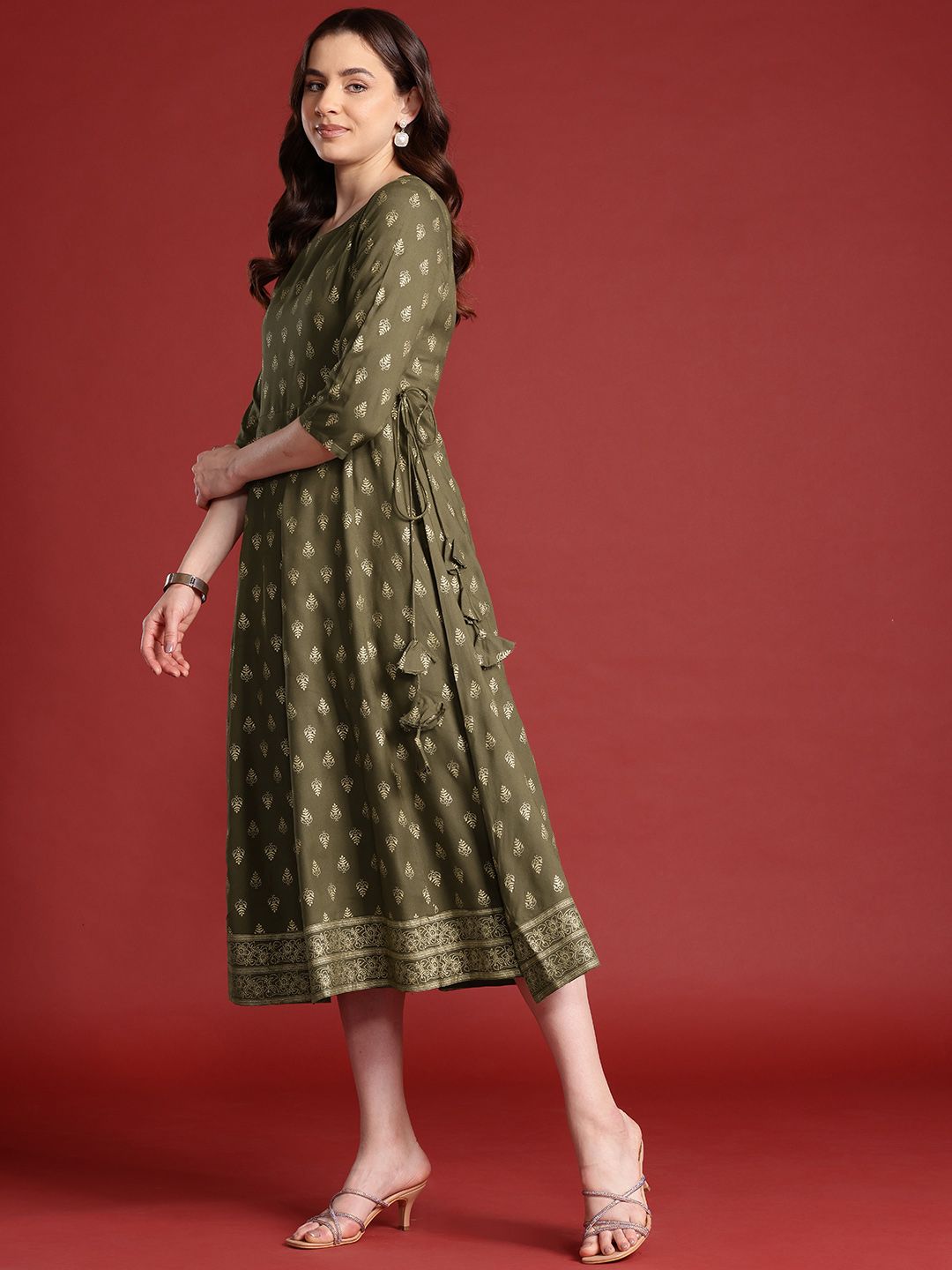 Anouk Tie-Up Tassels Detail Foil Print A-Line Midi Ethnic Dress