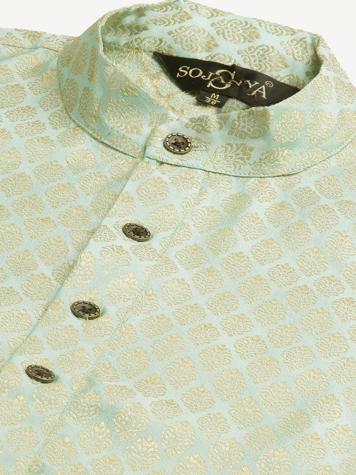 SOJANYA Men Green & Off-White Ethnic Motifs Kurta with Churidar & Nehru Jacket