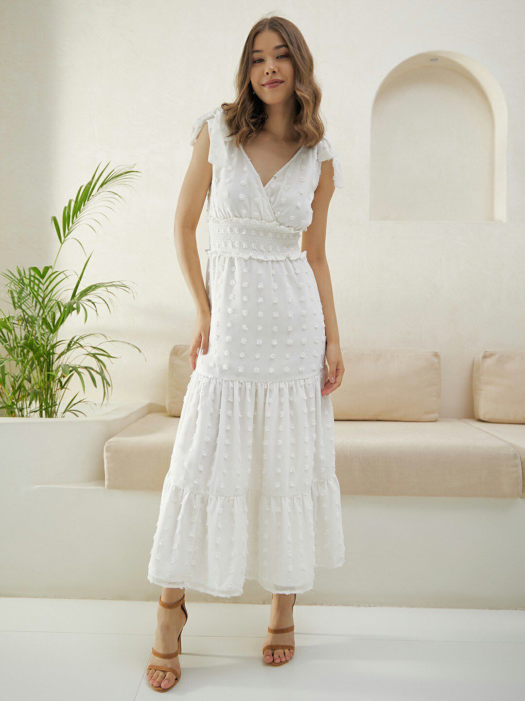 Berrylush White Self Design V-Neck Smocked Maxi Dress