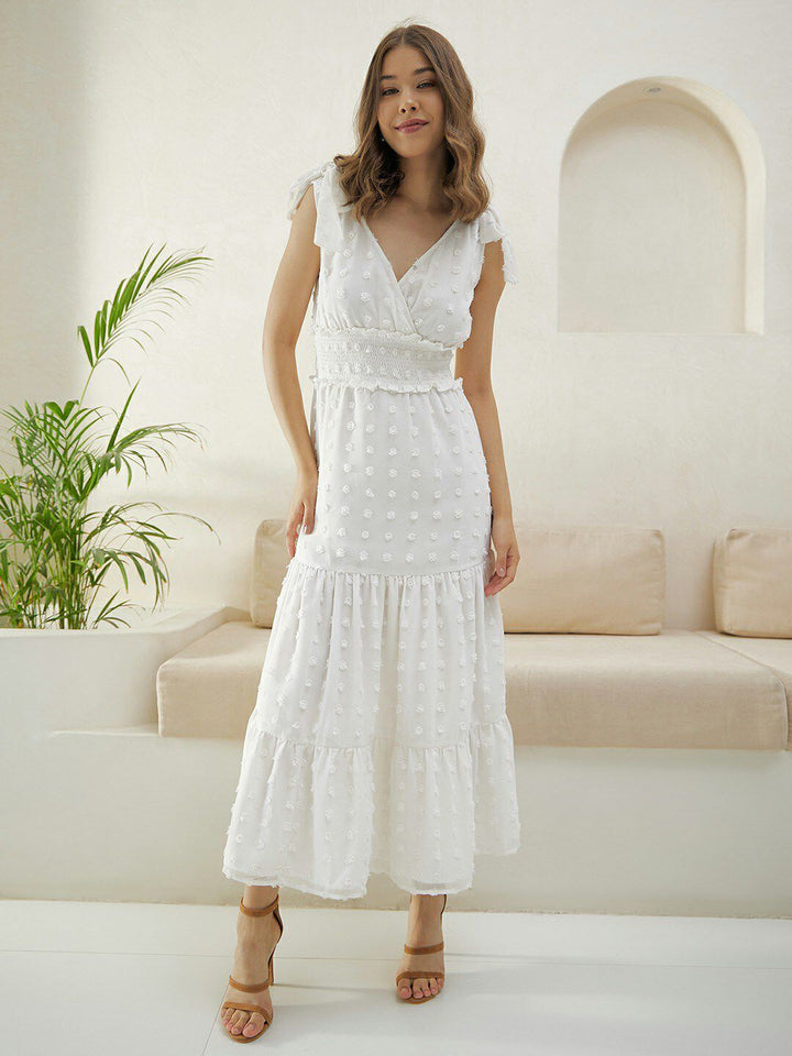 Berrylush White Self Design V-Neck Smocked Maxi Dress