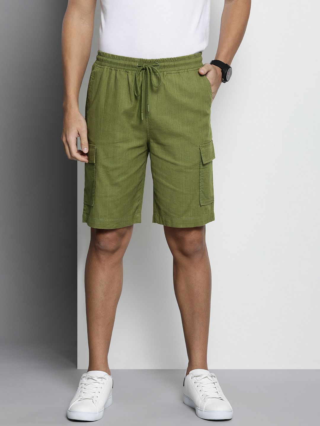 The Indian Garage Co Men Linen Cotton Slim Fit Cargo Shorts