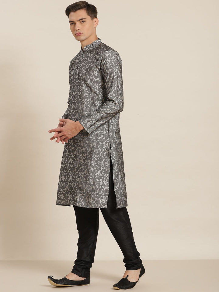 SOJANYA Men Grey Geometric Woven Design Straight Kurta