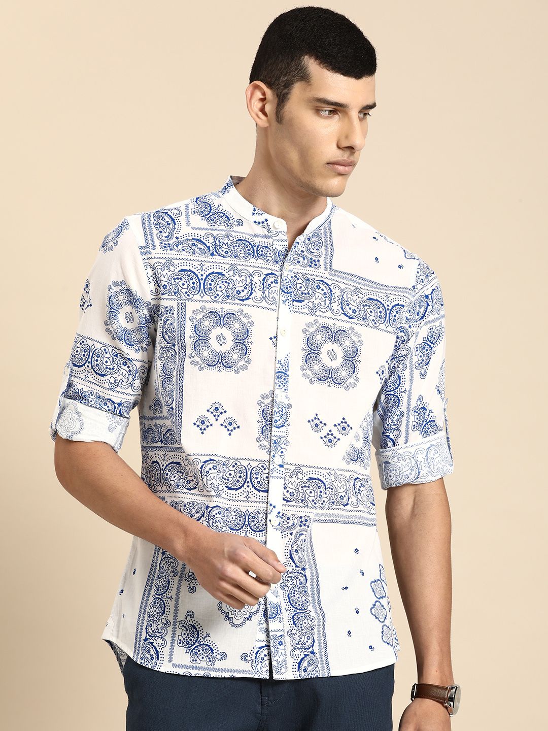 Anouk Men White And Blue Printed Pure Cotton Casual Shirt
