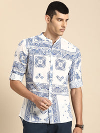 Anouk Men White And Blue Printed Pure Cotton Casual Shirt