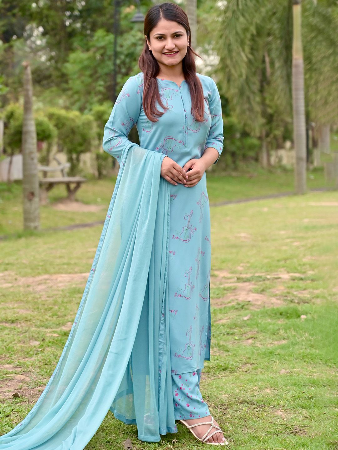 Libas Women Blue Printed Kurta with Palazzos & With Dupatta