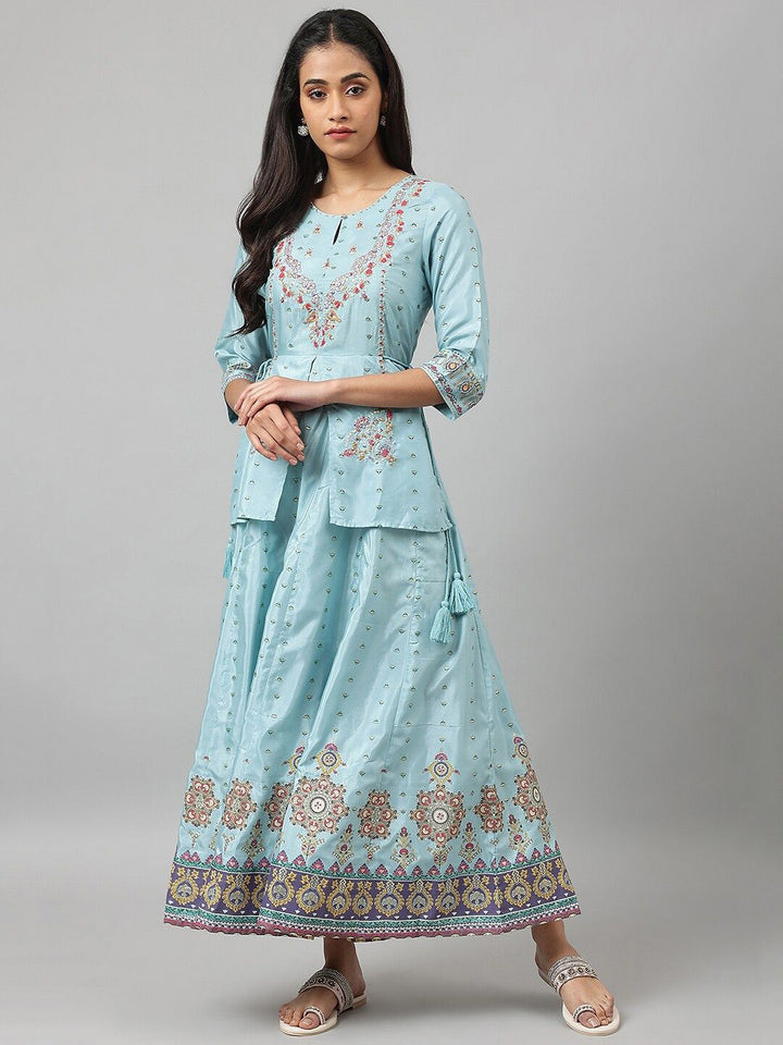 W Blue Ethnic Motifs Keyhole Neck Ethnic Maxi Dress