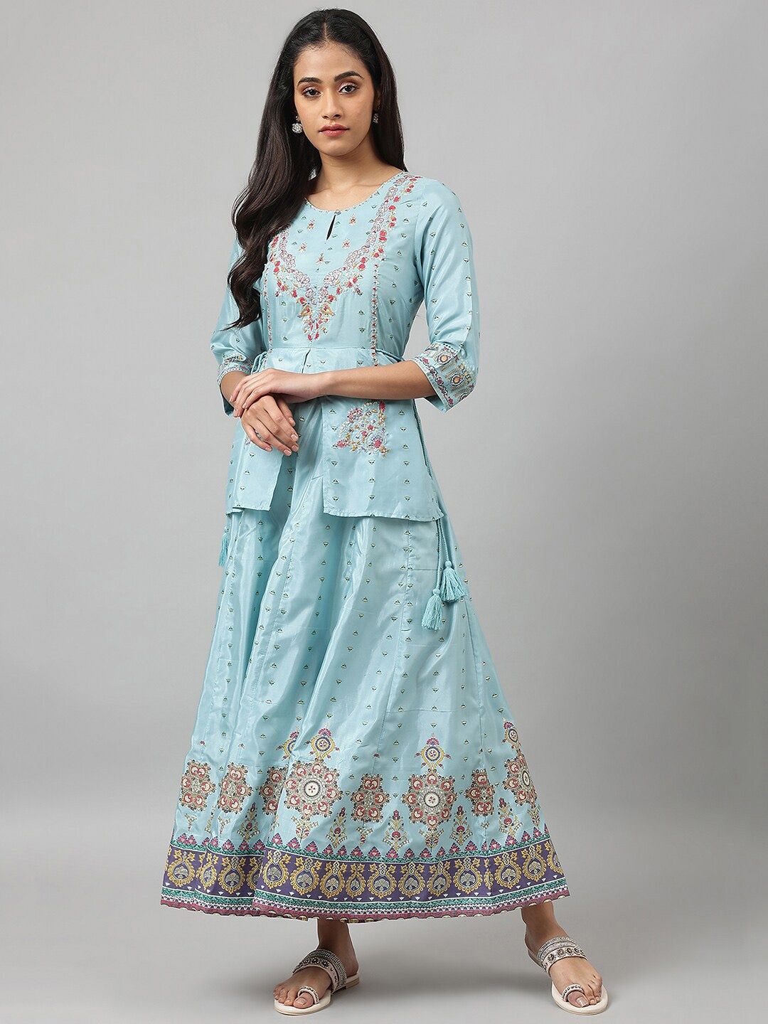 W Blue Ethnic Motifs Keyhole Neck Ethnic Maxi Dress