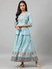 W Blue Ethnic Motifs Keyhole Neck Ethnic Maxi Dress