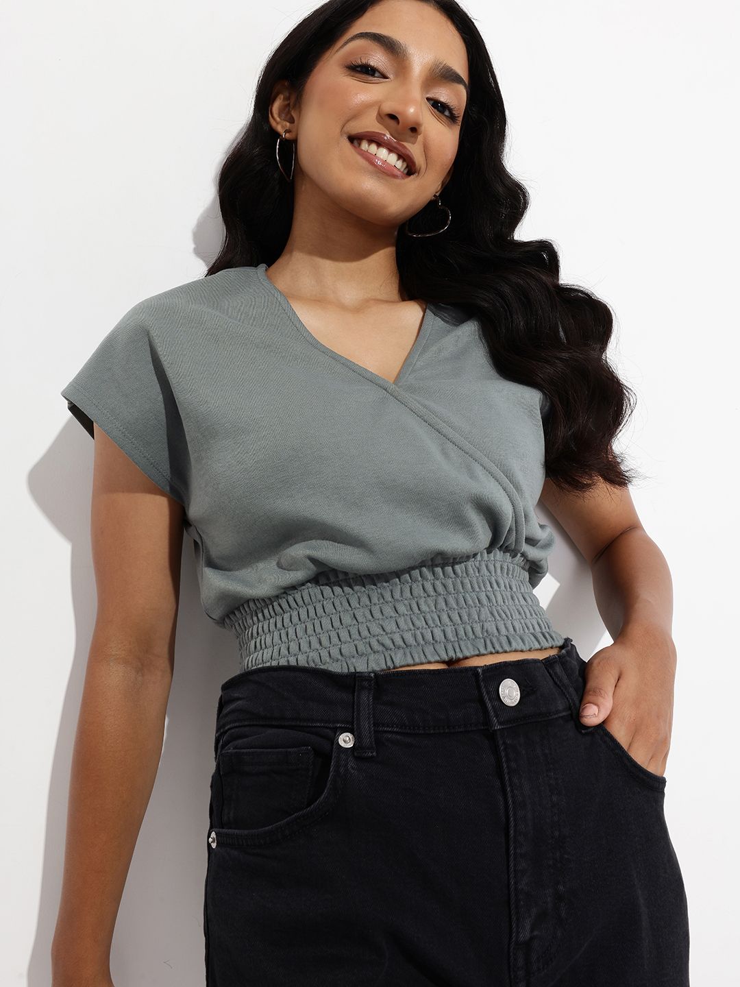 DressBerry The Soft Life Wrap Style Blouson Crop Top