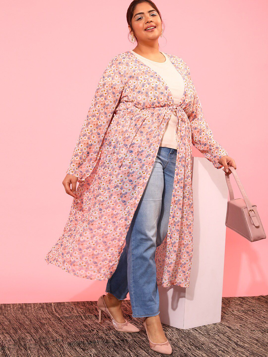CURVY STREET Women Printed Longline Tie-Up Shrug