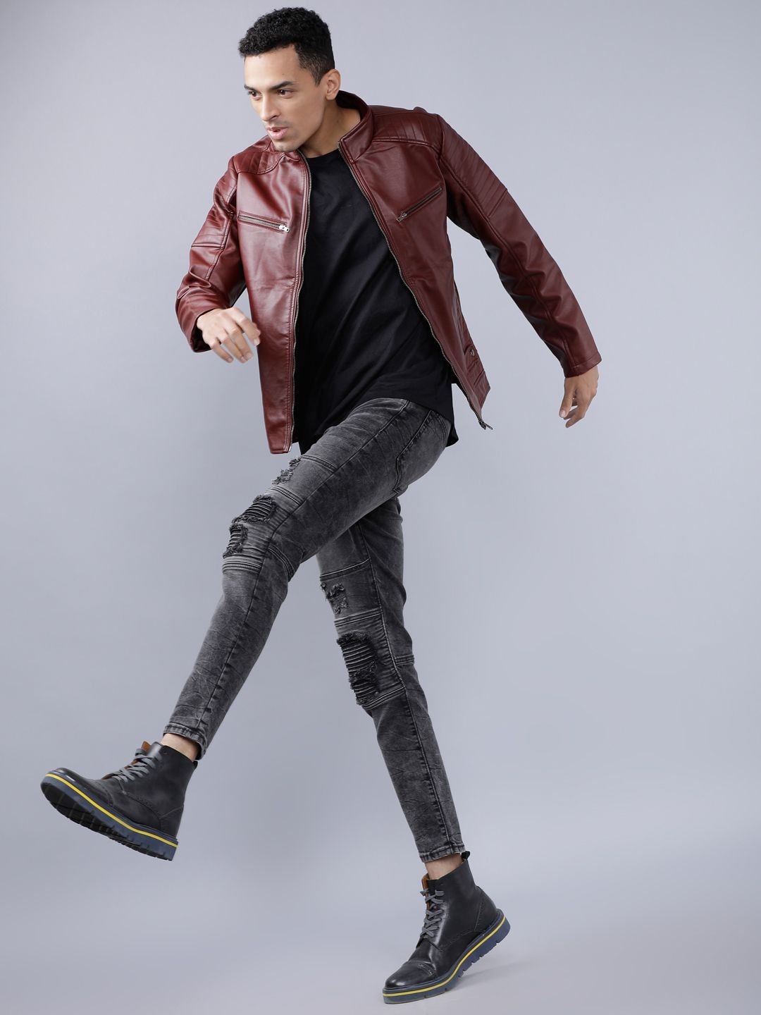 HIGHLANDER Men Burgundy Solid Leather Jacket