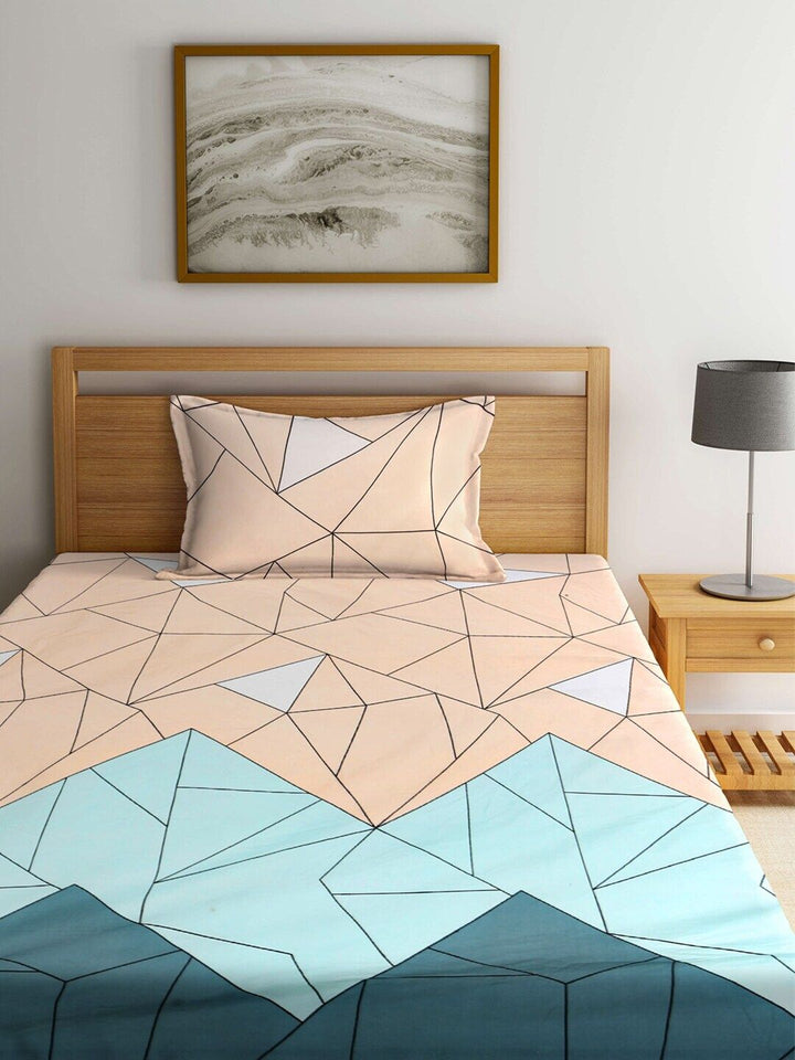 KLOTTHE Peach & Sea Green Geometric 300 TC Single Bedsheet with 1 Pillow Covers