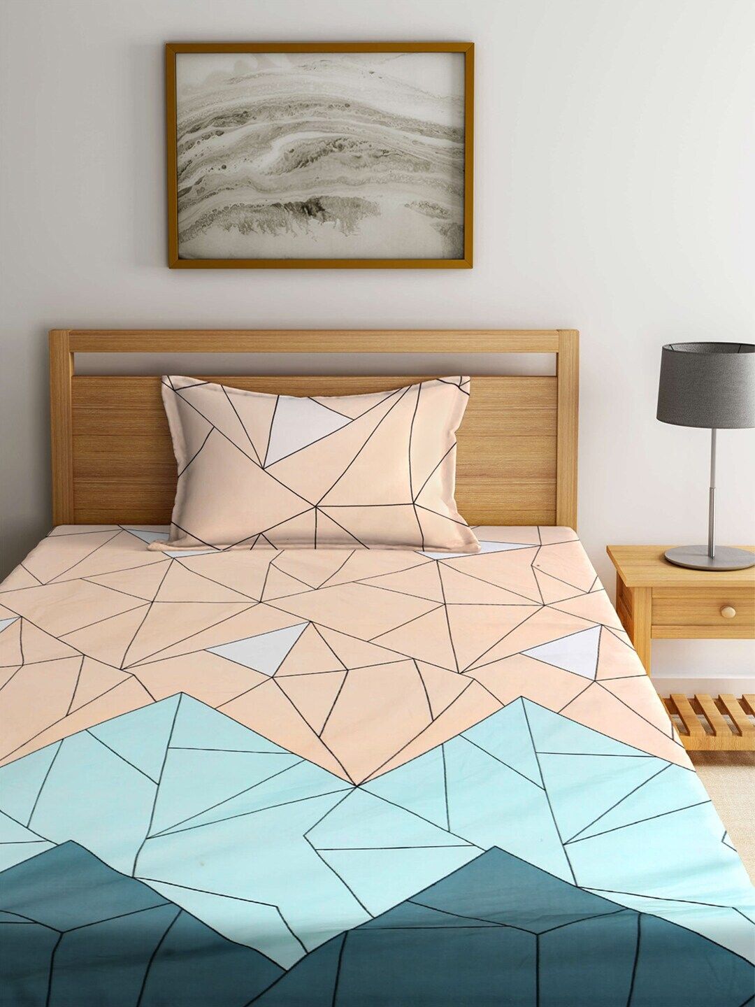 KLOTTHE Peach & Sea Green Geometric 300 TC Single Bedsheet with 1 Pillow Covers