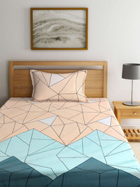 KLOTTHE Peach & Sea Green Geometric 300 TC Single Bedsheet with 1 Pillow Covers