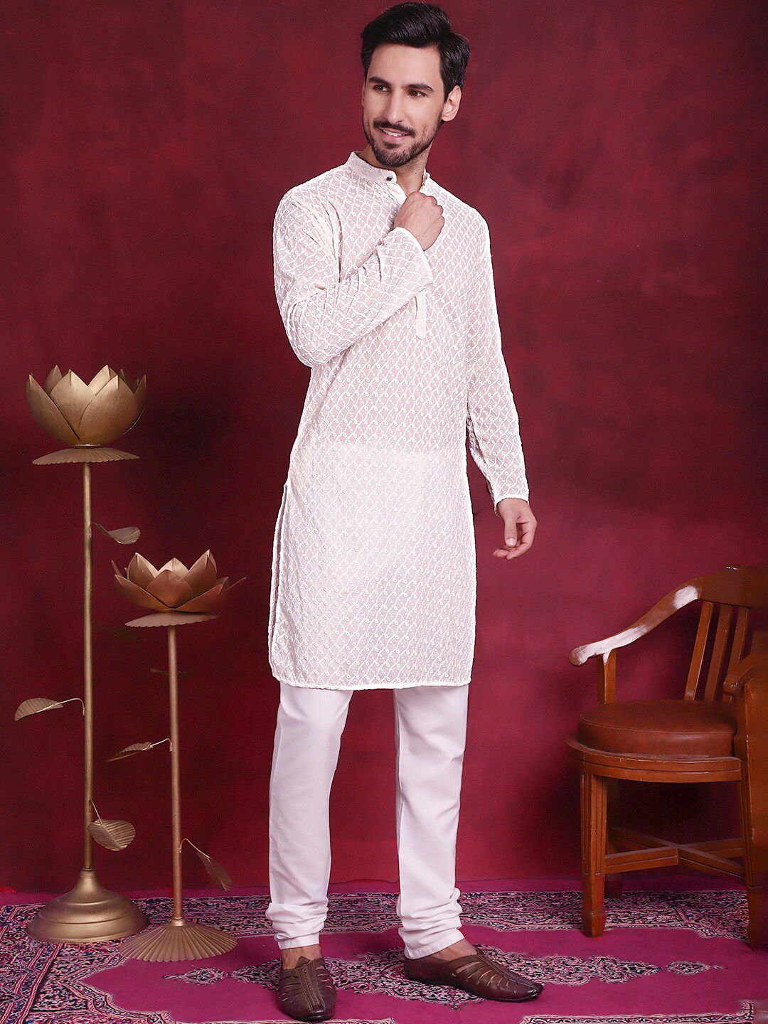 Jompers Ethnic Motifs Embroidered Band Collar Chikankari Cotton Straight Kurta
