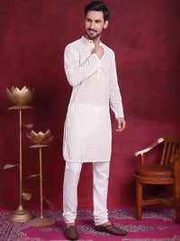 Jompers Ethnic Motifs Embroidered Band Collar Chikankari Cotton Straight Kurta