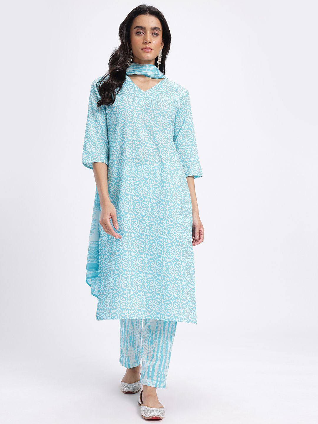 Anouk Floral Printed Pure Cotton Straight Kurta with Trousers & Dupatta