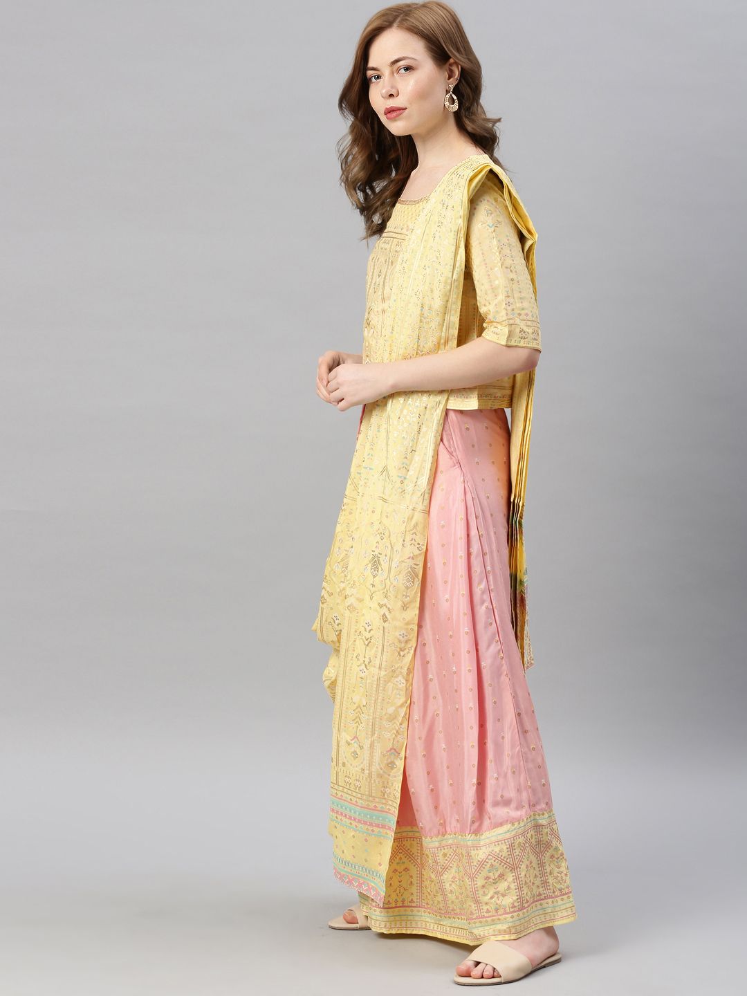 W Women Yellow & Pink Printed Top with Palazzos & Dupatta