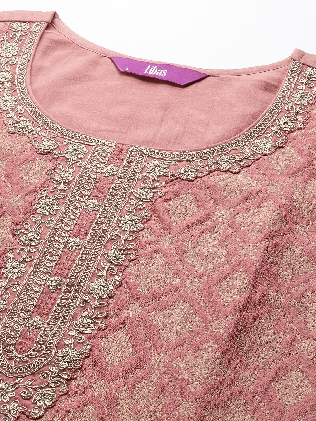 Libas Women Peach-Coloured Floral Kurta with Trousers & Dupatta