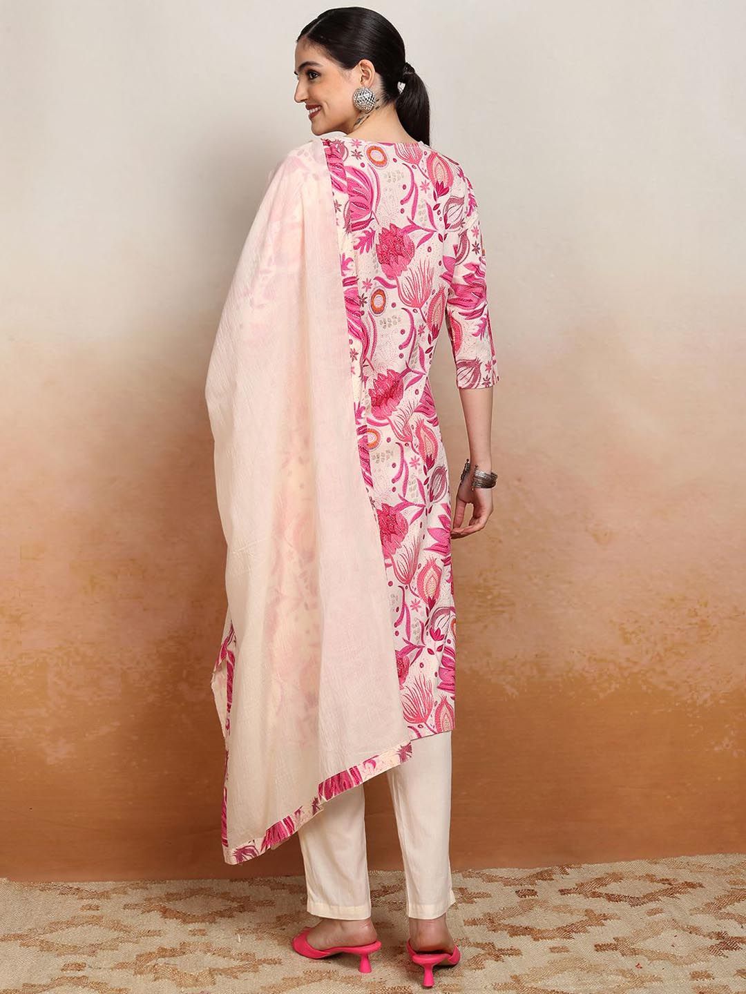 Vishudh Floral Printed Pure Cotton Straight Kurta & Trousers With Dupatta