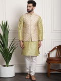 SOJANYA Floral Printed Mandarin Collar Kurta With Churidar & Nehru Jacket