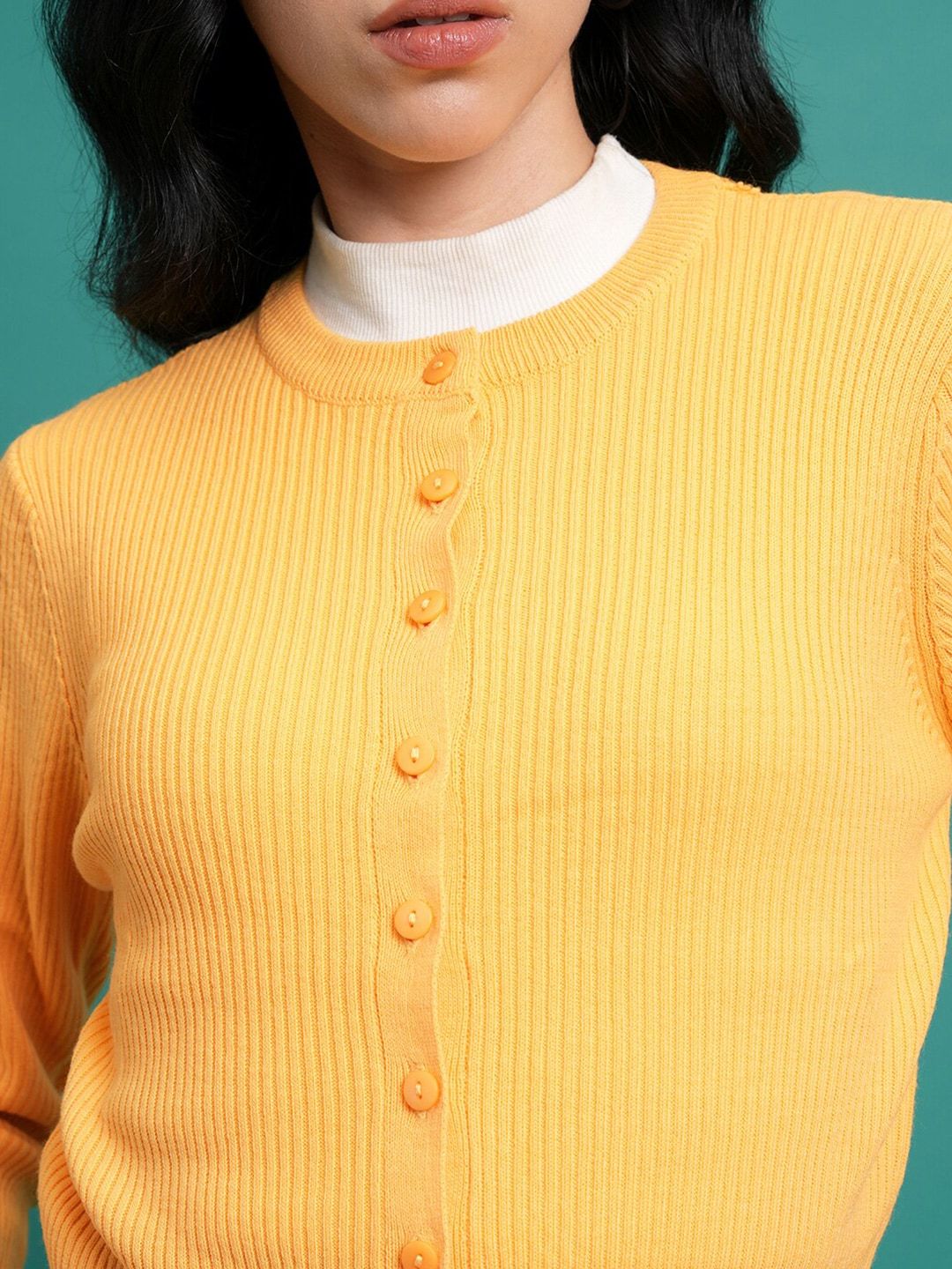 Tokyo Talkies Yellow Ribbed Acrylic Crop Cardigan Sweater