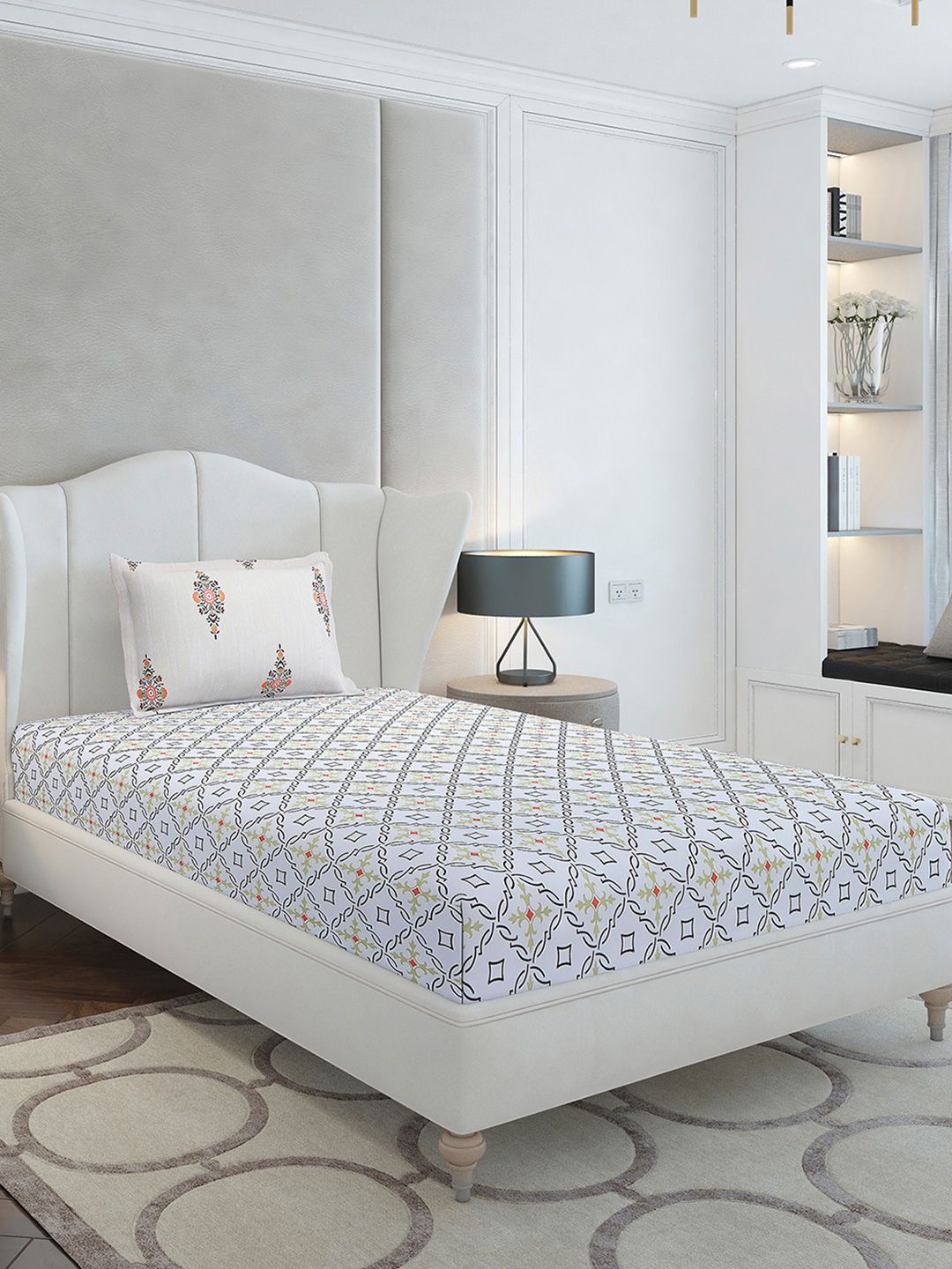 Monte Carlo Grey & White Ethnic Motifs Cotton 144 TC Single Bedsheet Set-2.29 m x 1.52 m