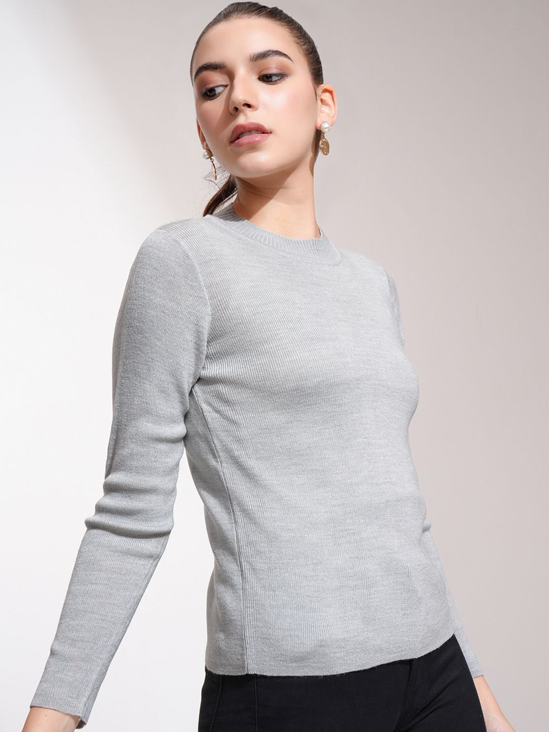 Tokyo Talkies Women Grey Acrylic Pullover