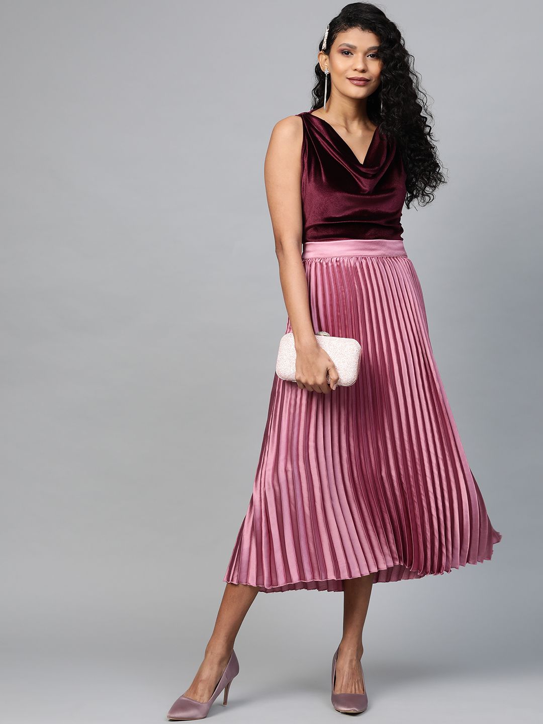 SASSAFRAS Burgundy Velvet Finish Cowl Neck Top
