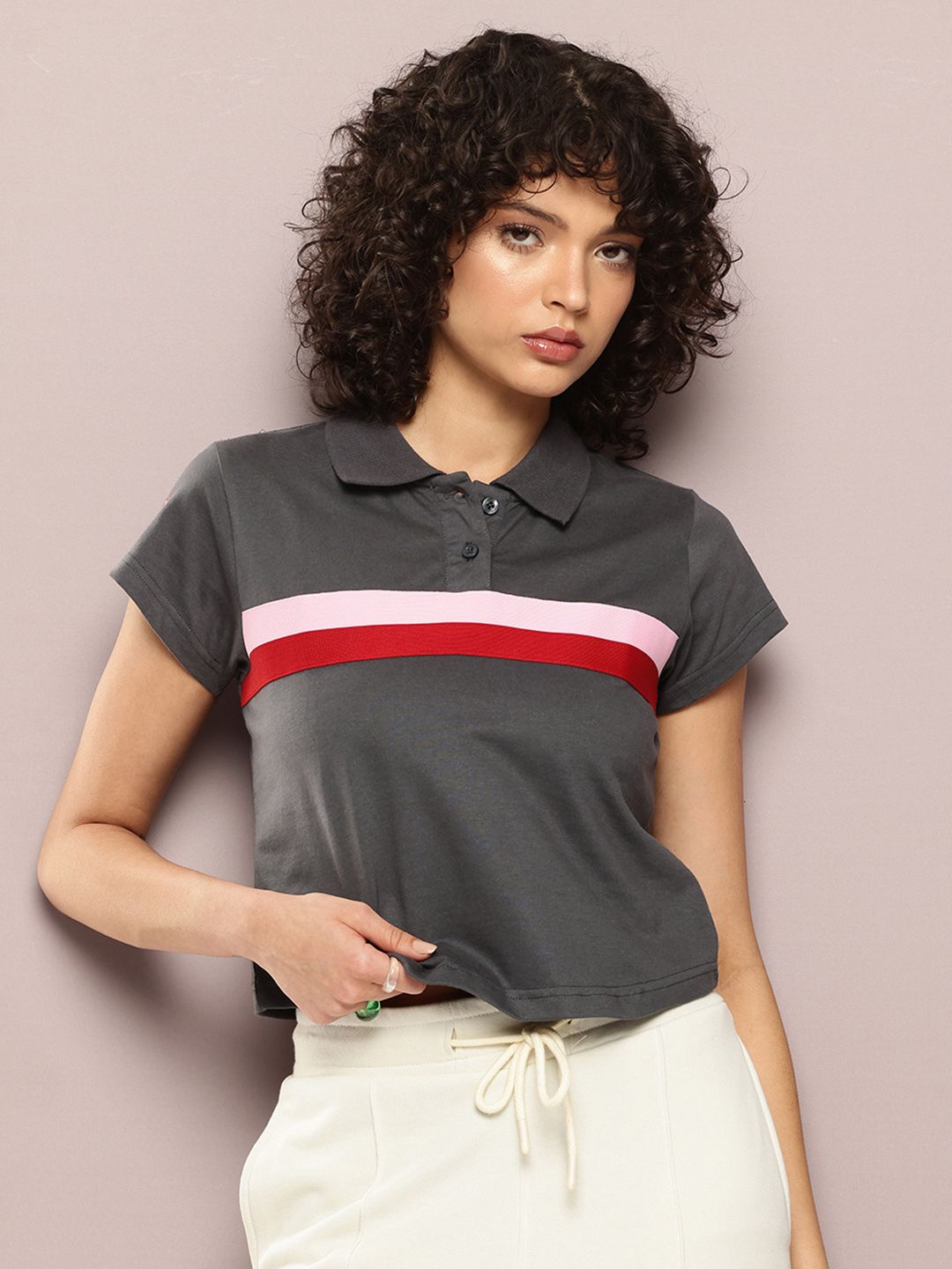 DILLINGER Women Regular Cropped Self Design Polo Tshirt