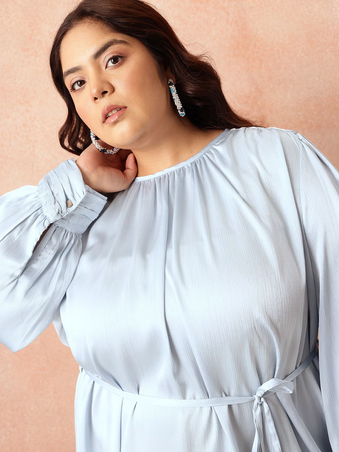 all about you Plus Size Puff Sleeve Satin Finish A-Line Party Dress with Tir-up Detail