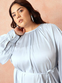 all about you Plus Size Puff Sleeve Satin Finish A-Line Party Dress with Tir-up Detail