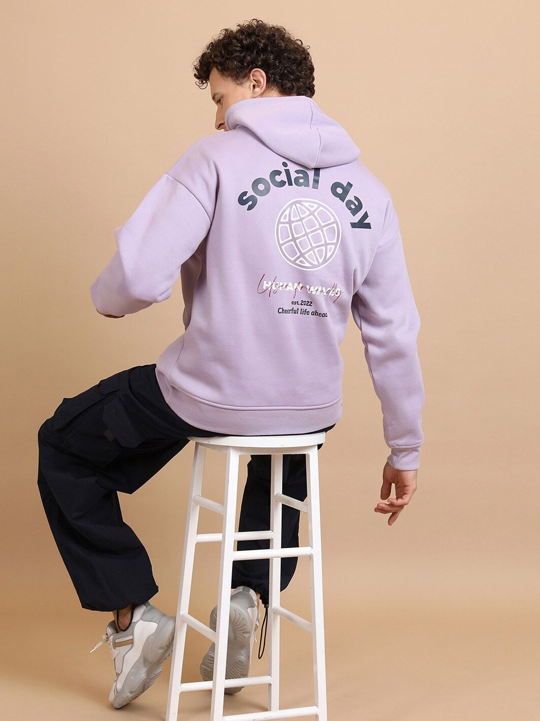HIGHLANDER Typography Printed Hooded Oversized Drop Shoulder Sleeves Pullover Sweatshirt