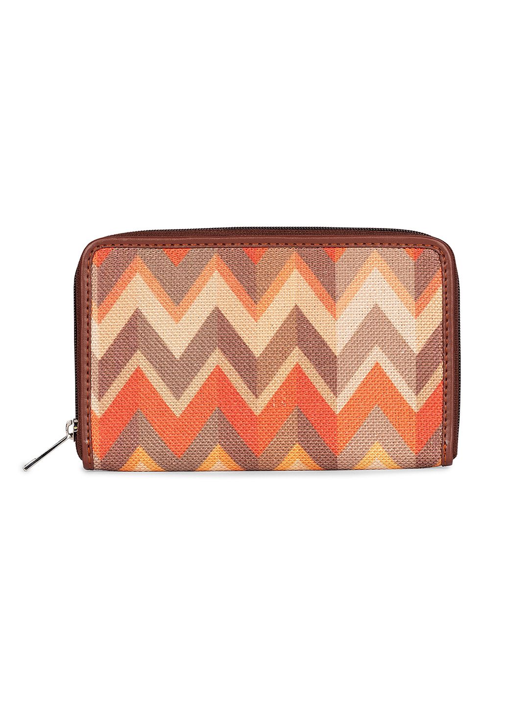 ZOUK Women Orange & Brown Printed Vegan Leather Zip Around Wallet