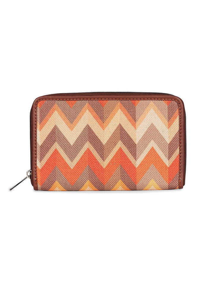 ZOUK Women Orange & Brown Printed Vegan Leather Zip Around Wallet