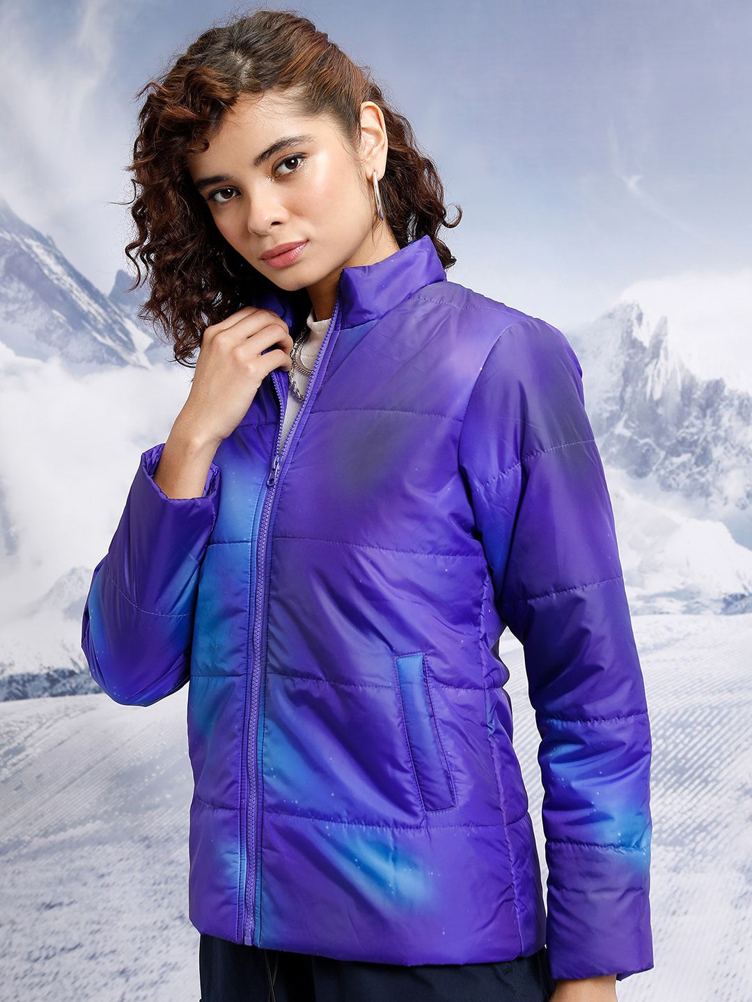 Tokyo Talkies Printed Stand Collar Puffer Jacket