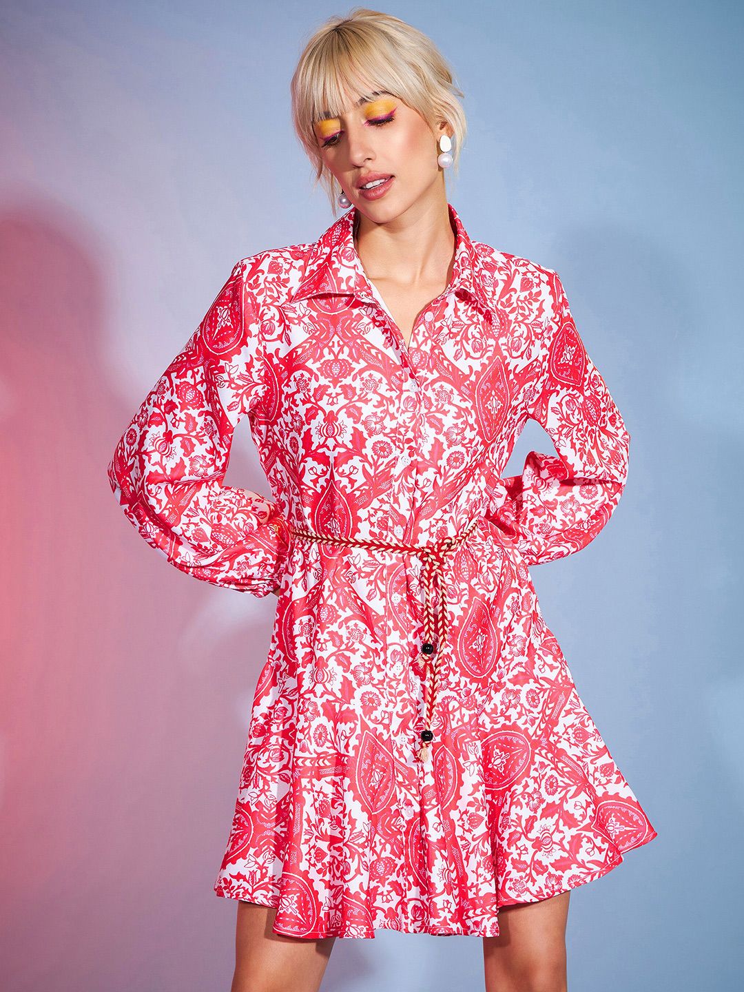 SASSAFRAS Shirt Collar Ethnic Motifs Printed Shirt Dress With Belt