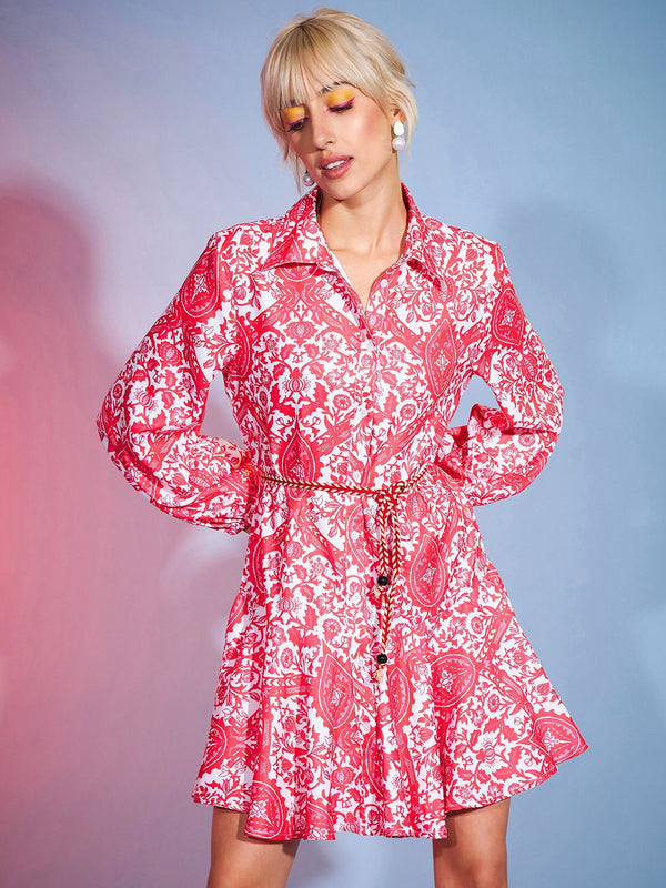 SASSAFRAS Shirt Collar Ethnic Motifs Printed Shirt Dress With Belt