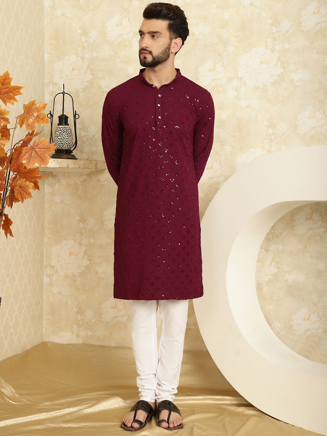 SOJANYA Geometric Embroidered Band Collar Sequinned Pure Cotton Kurta With Churidar