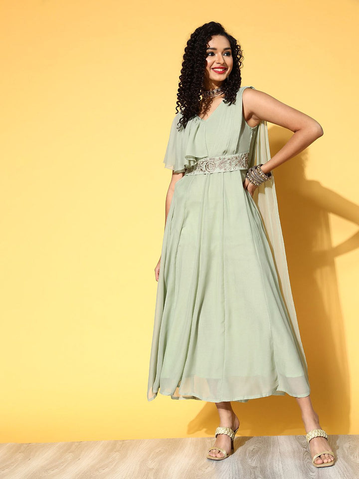 Shae by SASSAFRAS Green Ethnic Belted Maxi Dress